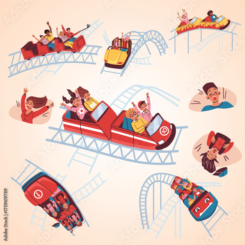 Flat Cartoon Illustration Roller Coaster Ride with People Having Fun