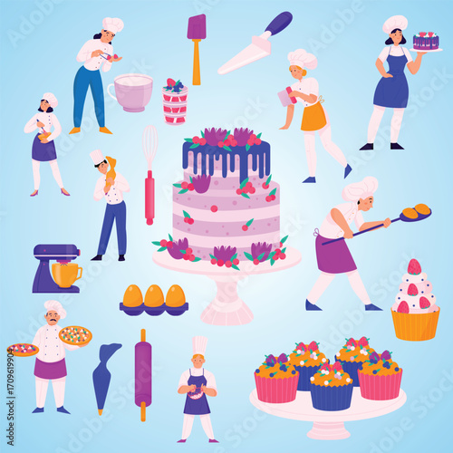 Flat Illustration Baking Process and Confectionery Products with Professional Chefs