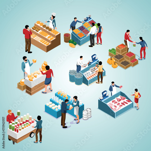 Isometric Marketplace Scene with Various Food Stalls and Customers Illustration