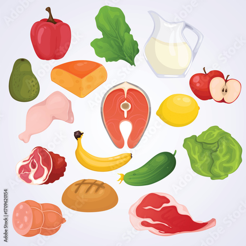 Cartoon Style Various Nutritious Foods Illustration with Fruits Vegetables and Meats