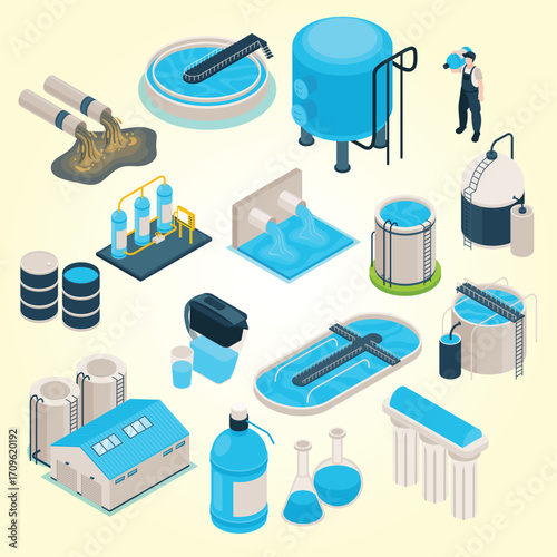 Isometric Detailed Water Treatment Plant Industrial Process Illustration Element Set