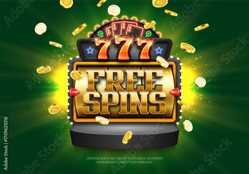 Free spins. Casino banner or poster with slot machine and golden coins on a bright background. Vector illustration.
