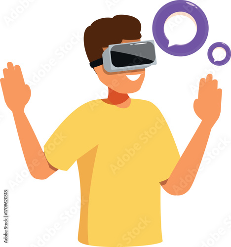 Young man wearing vr headset is chatting in metaverse using innovative technology
