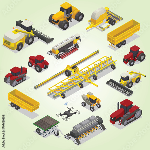 Isometric Style Detailed Agriculture Machine and Equipment Vehicle Farm Illustration
