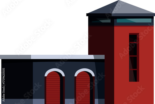 Fire station building ensuring safety with its watchtower and large garage doors, ready for emergency response