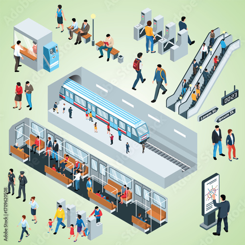 Isometric Illustration of Subway Station Scene with People and Train System