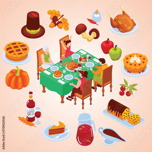 Isometric Thanksgiving Celebration Dinner with Family Illustration in Detail Style