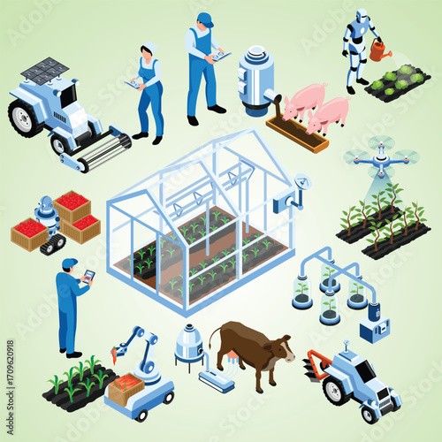 Isometric Detailed Automated Agriculture System Farm Cultivation and Livestock Illustration