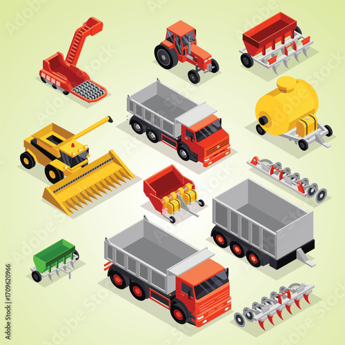 Isometric Farm Machinery Set Collection Different Agricultural Vehicles Illustration