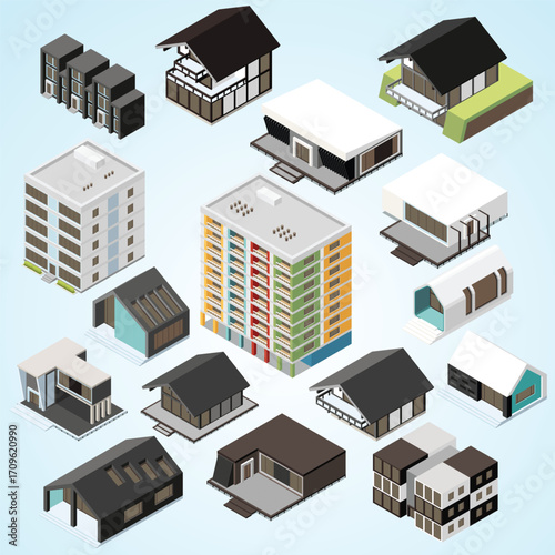 Isometric Style Various Building and House Types Architecture Illustration