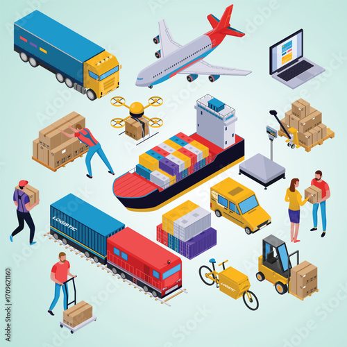 Isometric Detailed Global Logistics Network with Various Transportation Methods Illustration