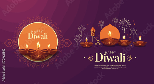 A charming flat design illustration of a Diwali greeting card, featuring "Happy Diwali" text and festive decorative elements. 