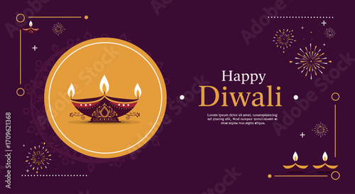 A charming flat design illustration of a Diwali greeting card, featuring "Happy Diwali" text and festive decorative elements. 