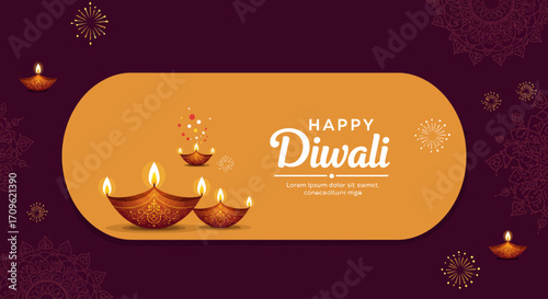 A charming flat design illustration of a Diwali greeting card, featuring "Happy Diwali" text and festive decorative elements. 