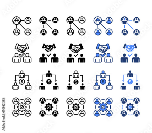Organization structure, Joint venture, Delegation, Collaborative, multiple style icon set.