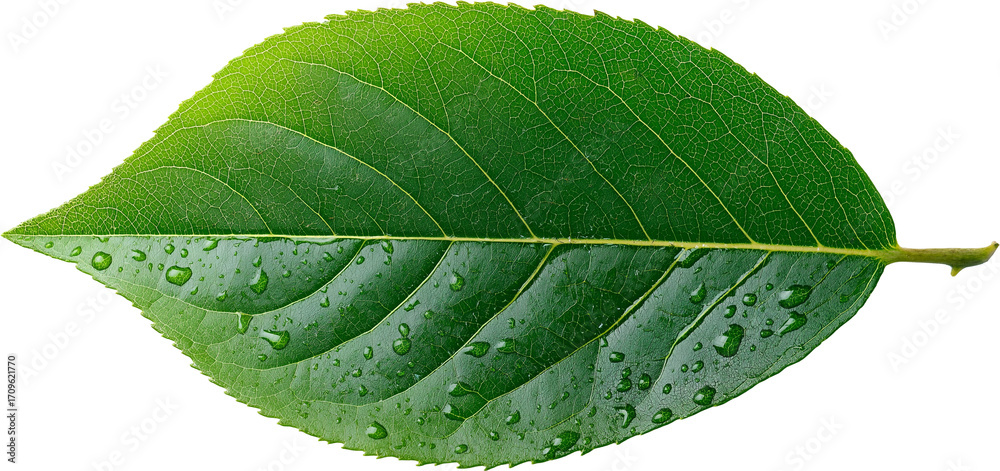 Obraz premium Vibrant Green Leaf with Water Droplets PNG transparent background