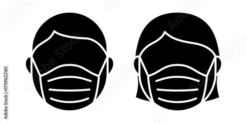 Vector isolated Girl and Boy wearing face mask icon set in black fill