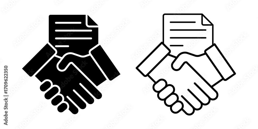 Obraz premium Vector isolated Shaking Hand with Document icon set in black outline and fill