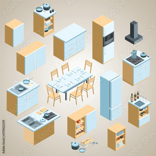Isometric Detailed Kitchen Interior Furniture Elements and Dining Table Illustration