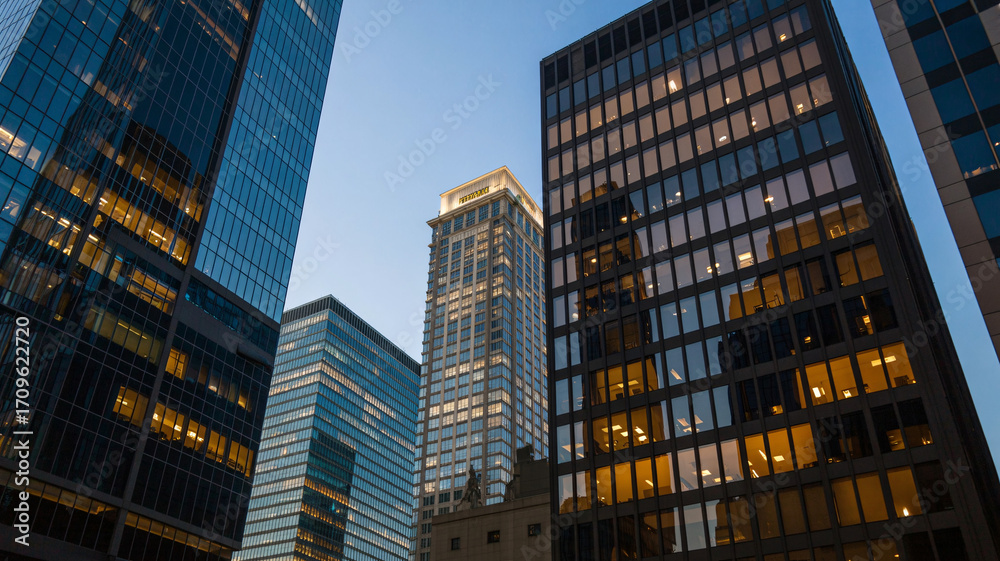 Obraz premium Modern city skyscrapers illuminated at dusk with glowing windows, urban business district.