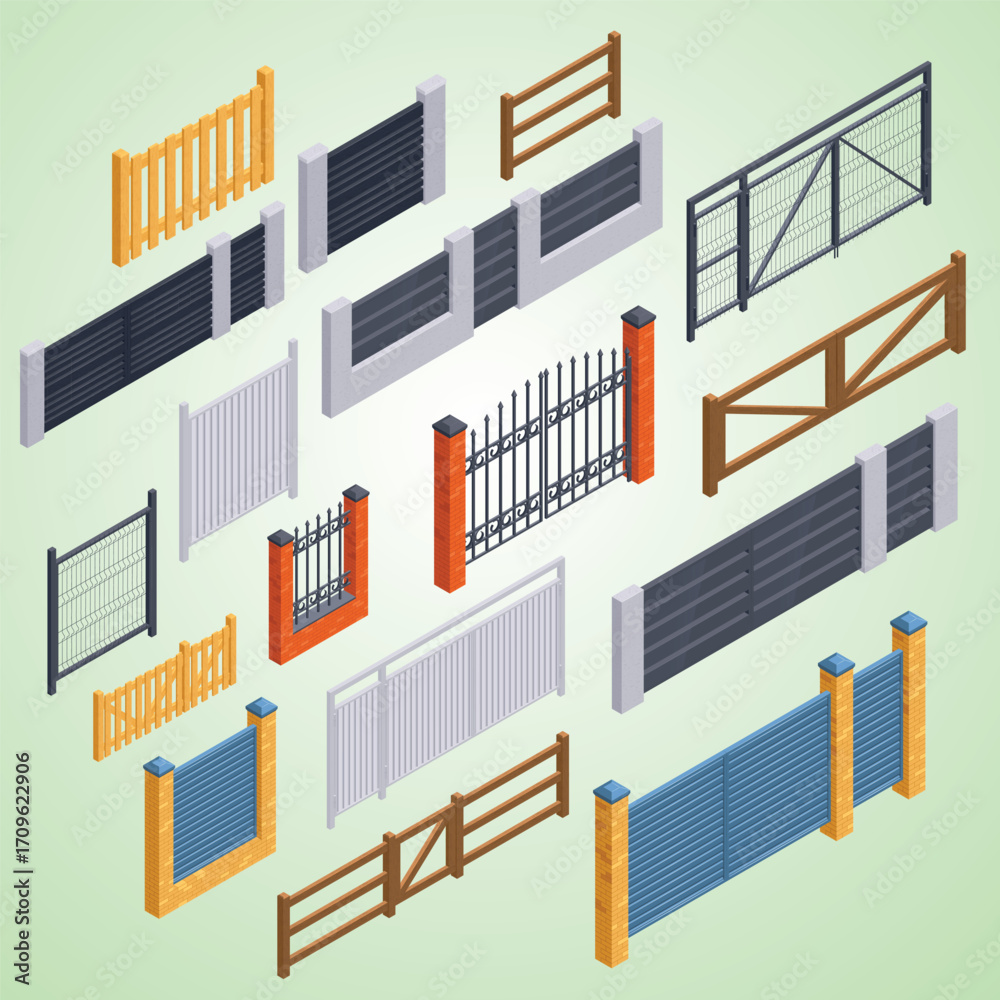 Fototapeta premium Isometric Assorted Ornamental Fences and Gates Collection Architecture Element