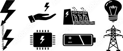 Electricity, Energy Icon Set Vector | Power Generation, Renewable System Collection | Lightning, hand, lightbulb, dam, chip, battery, pylon, glyph icons