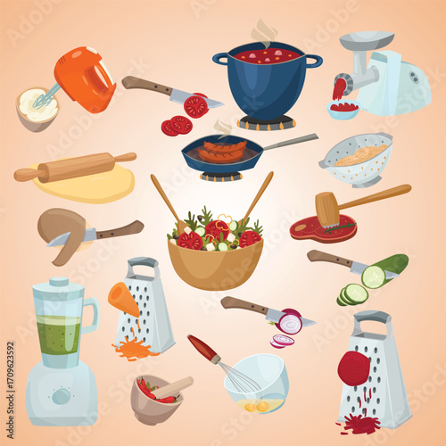 Cartoon Style Various Cooking Preparation Utensils and Food Illustration