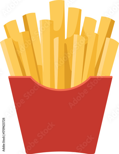 Red carton of french fries with golden potato sticks on white background fast food