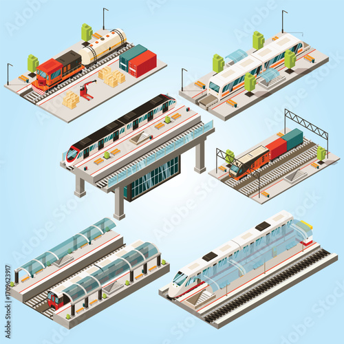 Isometric Detailed Railway Transport with Station Platform Illustration Transportation Set