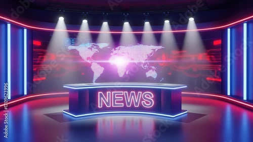 A neon virtual news studio background as a seamless loop. A futuristic broadcast set with an anchor desk, spotlights, and a world map. Ideal for a news intro or a tech channel opener.