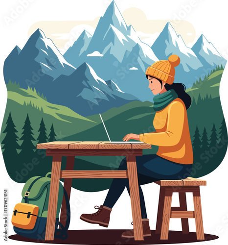 Woman Working Outdoors A Digital Nomad's Mountain Workspace Amidst Nature's Beauty