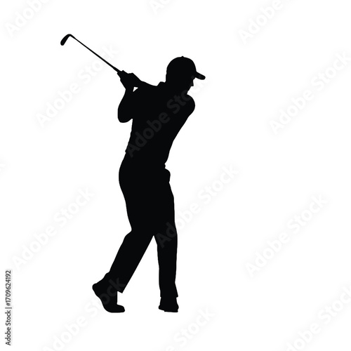 Dynamic silhouette of a golfer swinging a club executing a powerful golf shot silhouette