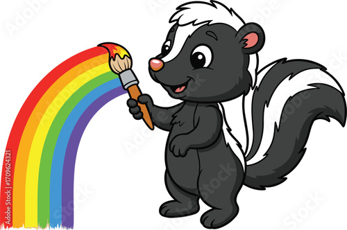 Cute cartoon skunk painting a vibrant rainbow with a paintbrush