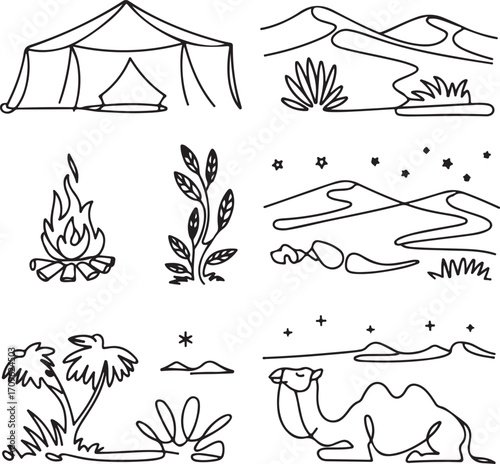 desert, camping, continuous, one, line, lineart, drawing, adventure, travel, sahara, arabian, middle-east, dune, landscape, nature, night, sky, stars