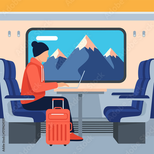 Flat illustration of a person working remotely on a laptop while traveling by train, enjoying a scenic mountain view outside the window, combining modern work-life balance with the beauty of nature