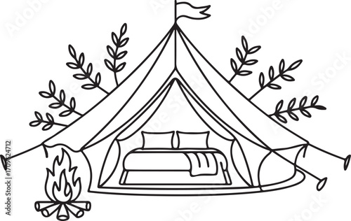 glamping, camping, luxury, tent, outdoor, recreation, adventure, nature, romantic, getaway, holiday, vacation, campfire, forest, wilderness, bohemian, boho, lineart
