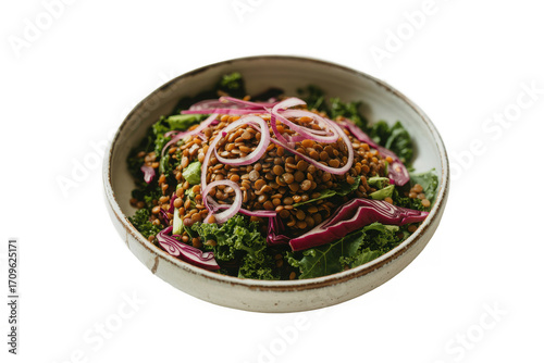 Deliciously healthy lentil salad with fresh greens and pickled red onions isolated on transparent background