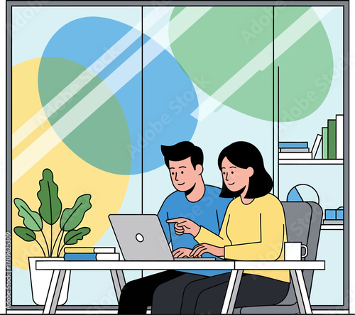 Productive office teamwork Two colleagues collaborate on a digital project, exchanging ideas and problem-solving using a laptop in a contemporary flat illustration style