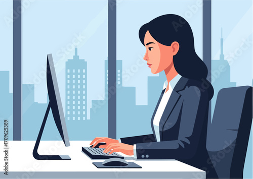 Focused businesswoman diligently working on her computer in a modern corporate office, overlooking a bustling city skyline, representing dedication, efficiency, and professional achievement