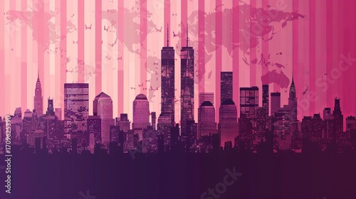 Silhouette of new york city skyline featuring twin towers and an american flag display