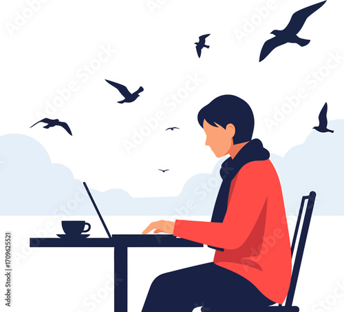 Flat illustration of a person working on a laptop outdoors with coffee, birds flying overhead. Represents remote work, digital nomad lifestyle, and serene productivity