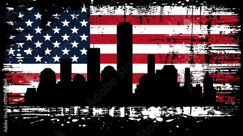 Silhouette of new york city skyline featuring the twin towers and the american flag