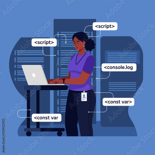 Female programmer coding on a laptop amidst server racks, with programming tags displayed around her