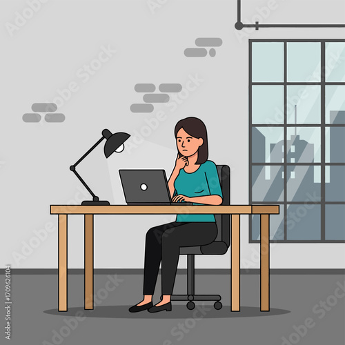 Focused Woman Working on Laptop in Modern Office Illustration