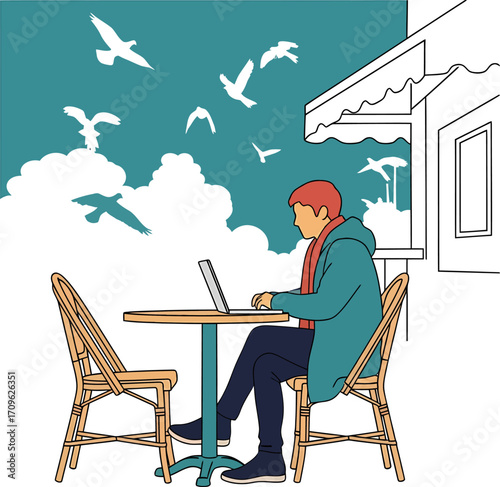 Digital nomad concept A person working remotely on a laptop at an outdoor cafe with birds flying, symbolizing freedom and modern flexible lifestyle