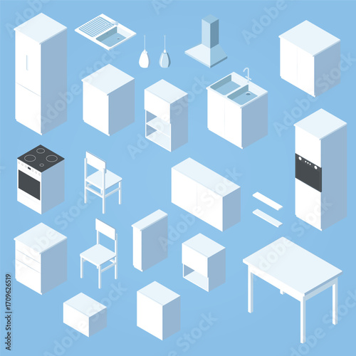 Isometric White Kitchen Furniture Arrangement on Light Blue Plain Background