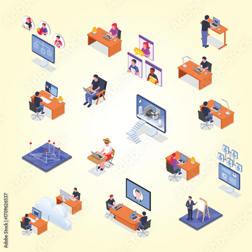 Isometric Remote Work Illustration with People in Virtual Meeting Setting