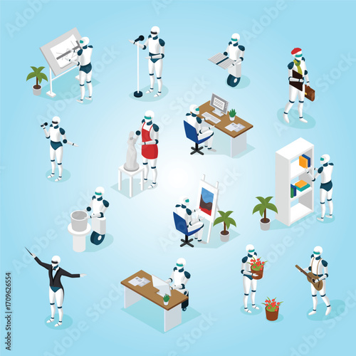 Isometric Robotic Staff Various Activities Diverse Workplace Automation Concept Illustration