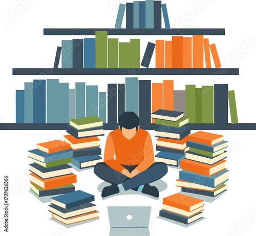 A focused individual delving into extensive knowledge, surrounded by numerous books and a laptop for digital learning, symbolizing comprehensive education and dedicated study