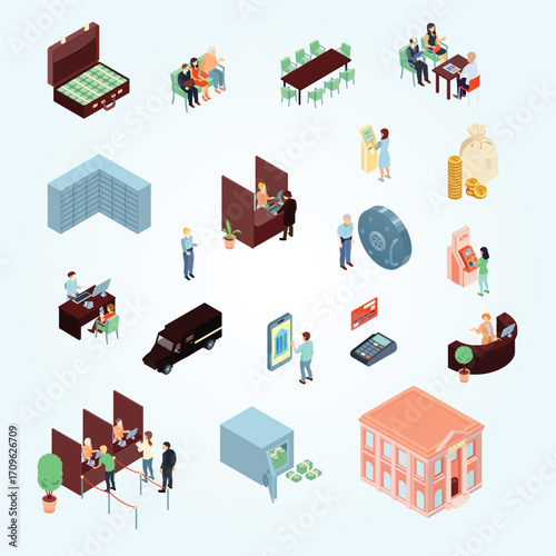 Isometric Detailed Banking Transaction Business Scene Elements Illustration Isolated